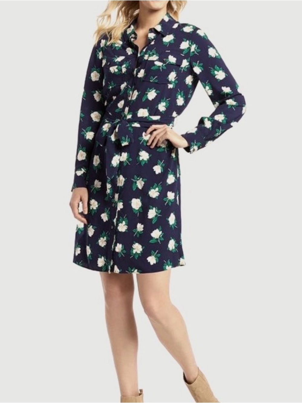 Draper James Magnolia Shirt Dress Navy Floral Belted Button Front Long Sleeve 8